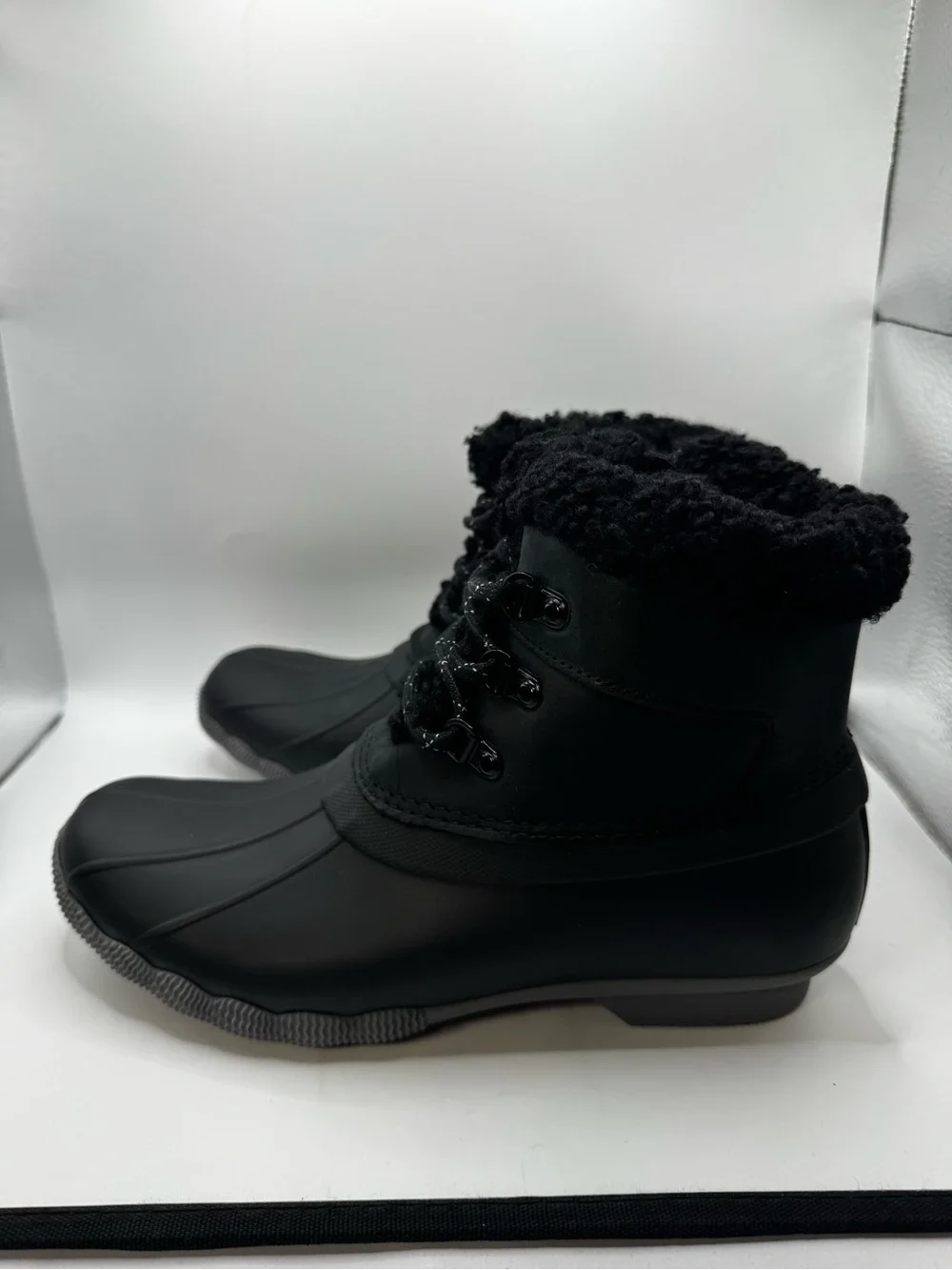 Sperry Black Lace-Up Faux Shearling Rain Boot